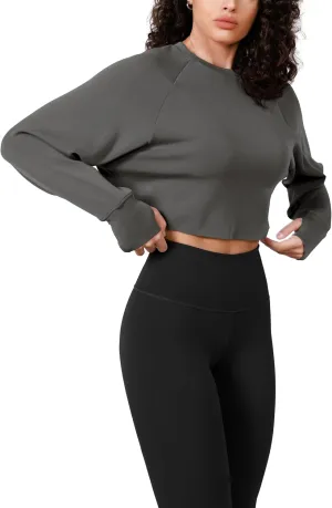 ODODOS Modal Soft Long Sleeve Cropped Sweatshirts with Thumb Hole for Women Crew Neck Pullover Crop Top