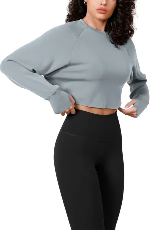 ODODOS Modal Soft Long Sleeve Cropped Sweatshirts with Thumb Hole for Women Crew Neck Pullover Crop Top