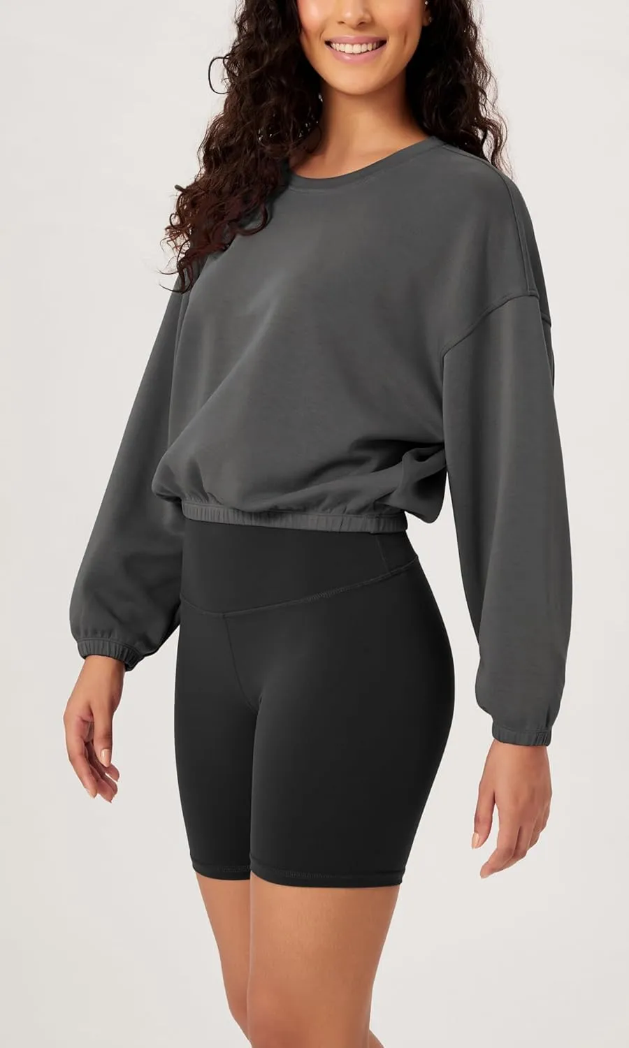 ODODOS Women's Modal Soft Gathered Cropped Sweatshirts Long Sleeve Elastic Hem Crew Neck Pullover Tops