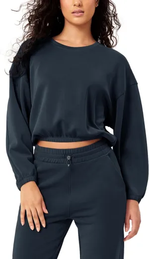 ODODOS Women's Modal Soft Gathered Cropped Sweatshirts Long Sleeve Elastic Hem Crew Neck Pullover Tops