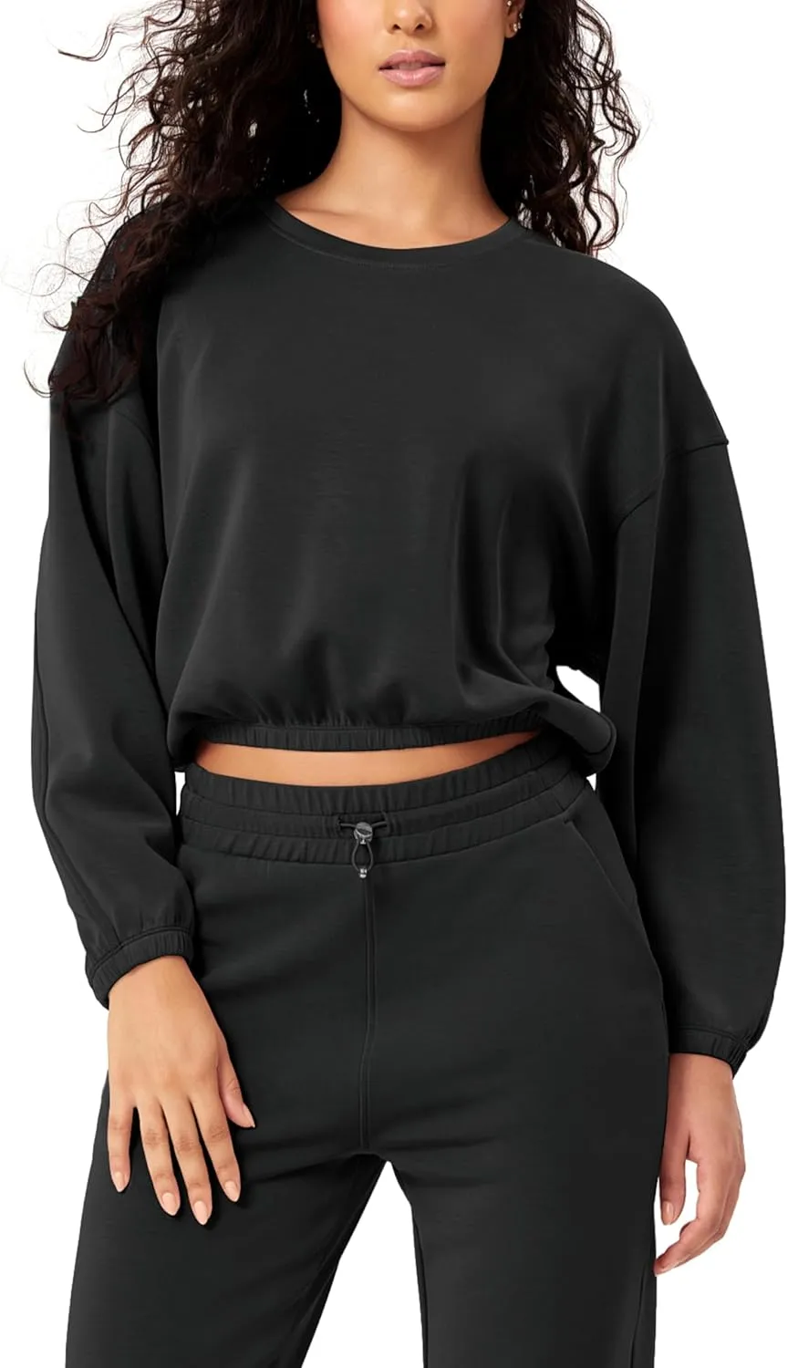 ODODOS Women's Modal Soft Gathered Cropped Sweatshirts Long Sleeve Elastic Hem Crew Neck Pullover Tops