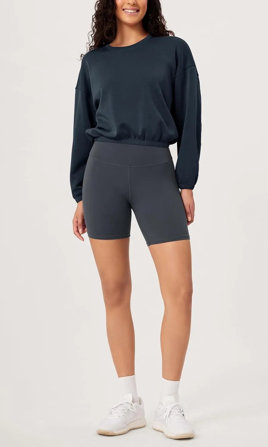 ODODOS Women's Modal Soft Gathered Cropped Sweatshirts Long Sleeve Elastic Hem Crew Neck Pullover Tops