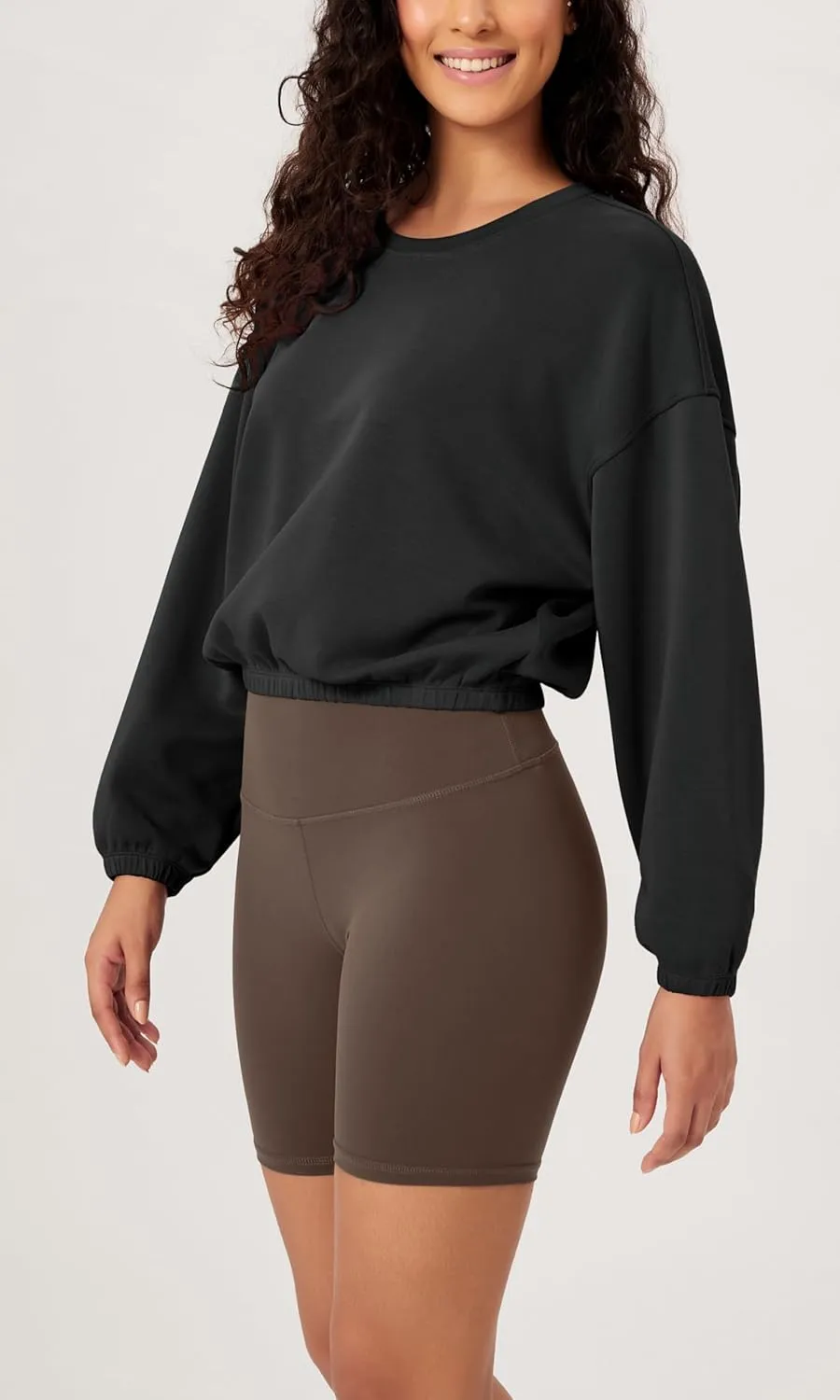 ODODOS Women's Modal Soft Gathered Cropped Sweatshirts Long Sleeve Elastic Hem Crew Neck Pullover Tops
