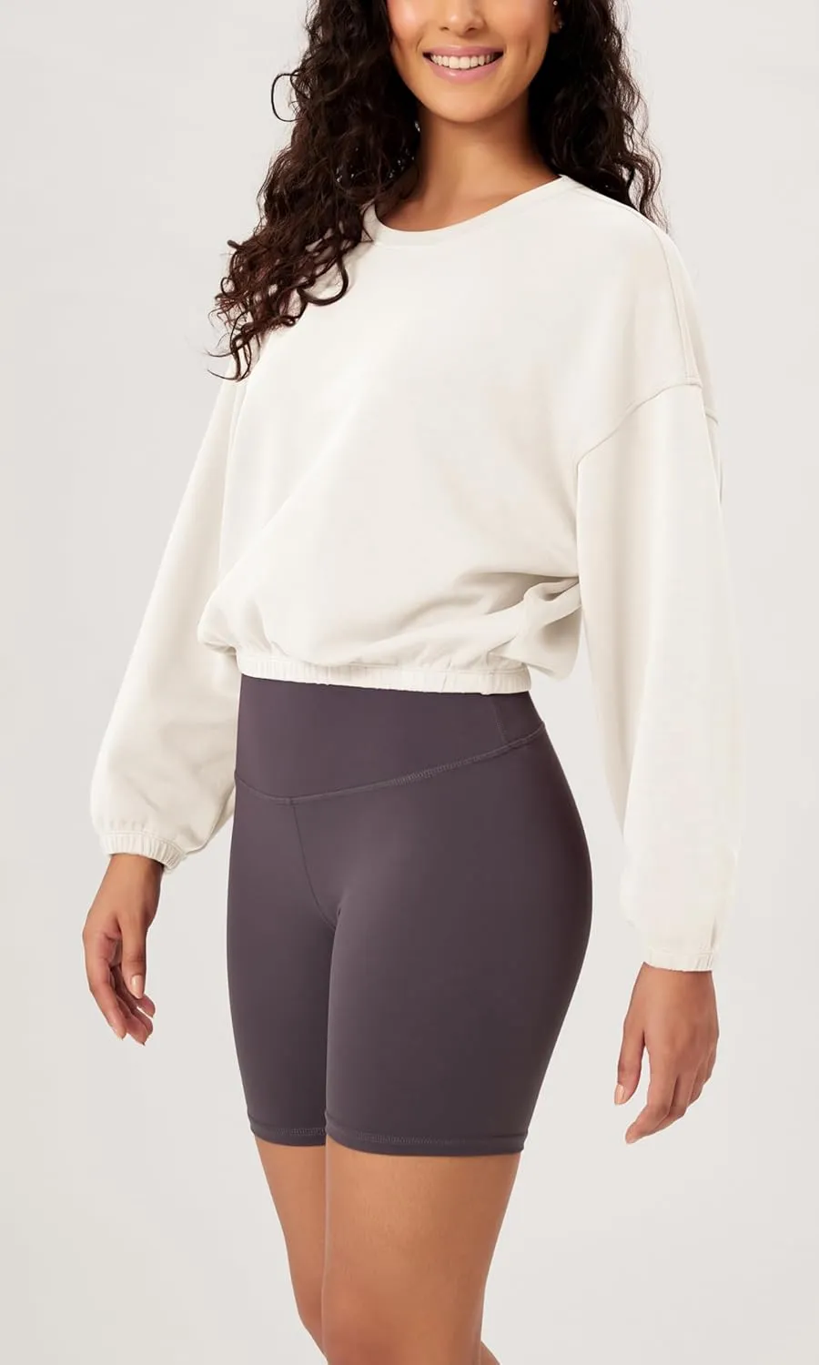 ODODOS Women's Modal Soft Gathered Cropped Sweatshirts Long Sleeve Elastic Hem Crew Neck Pullover Tops