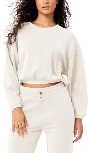ODODOS Women's Modal Soft Gathered Cropped Sweatshirts Long Sleeve Elastic Hem Crew Neck Pullover Tops