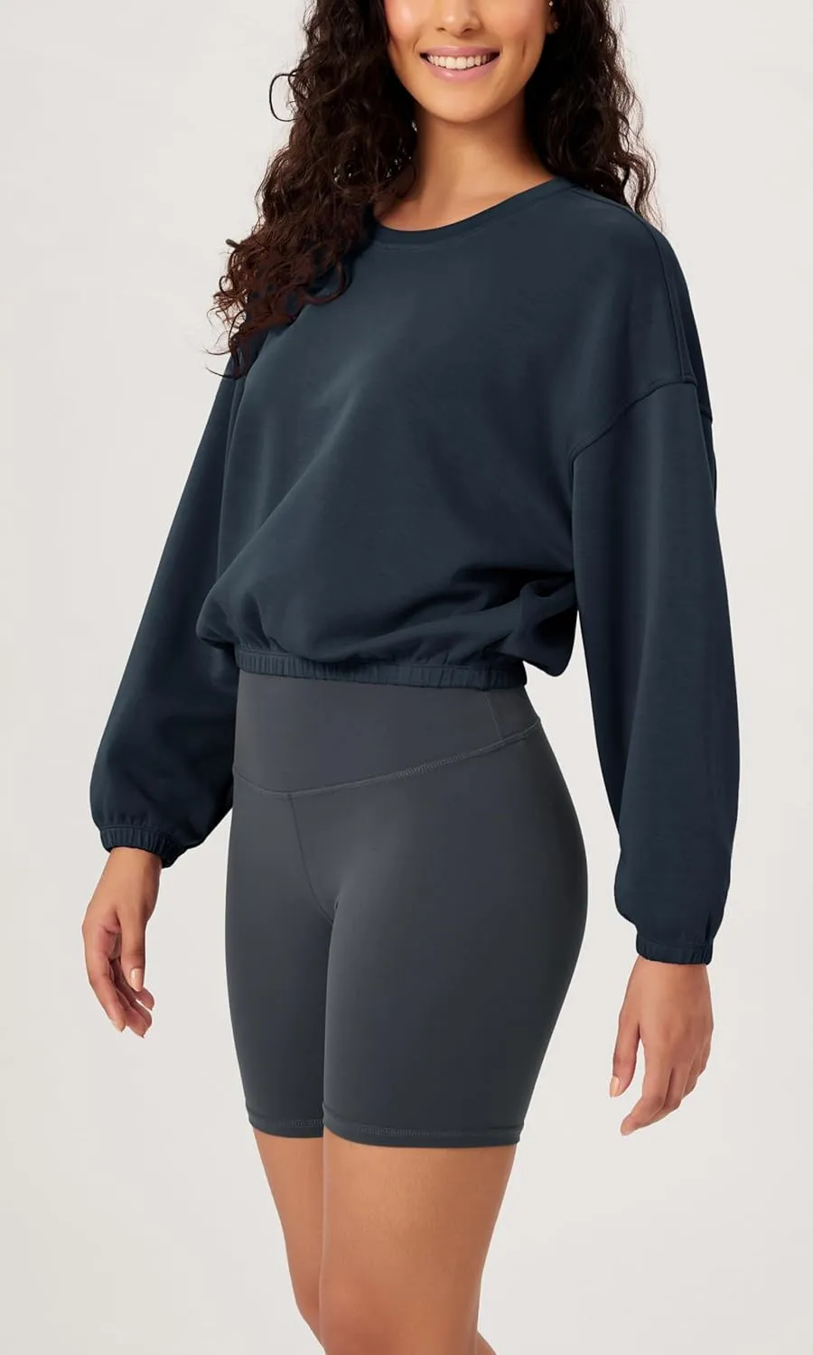 ODODOS Women's Modal Soft Gathered Cropped Sweatshirts Long Sleeve Elastic Hem Crew Neck Pullover Tops