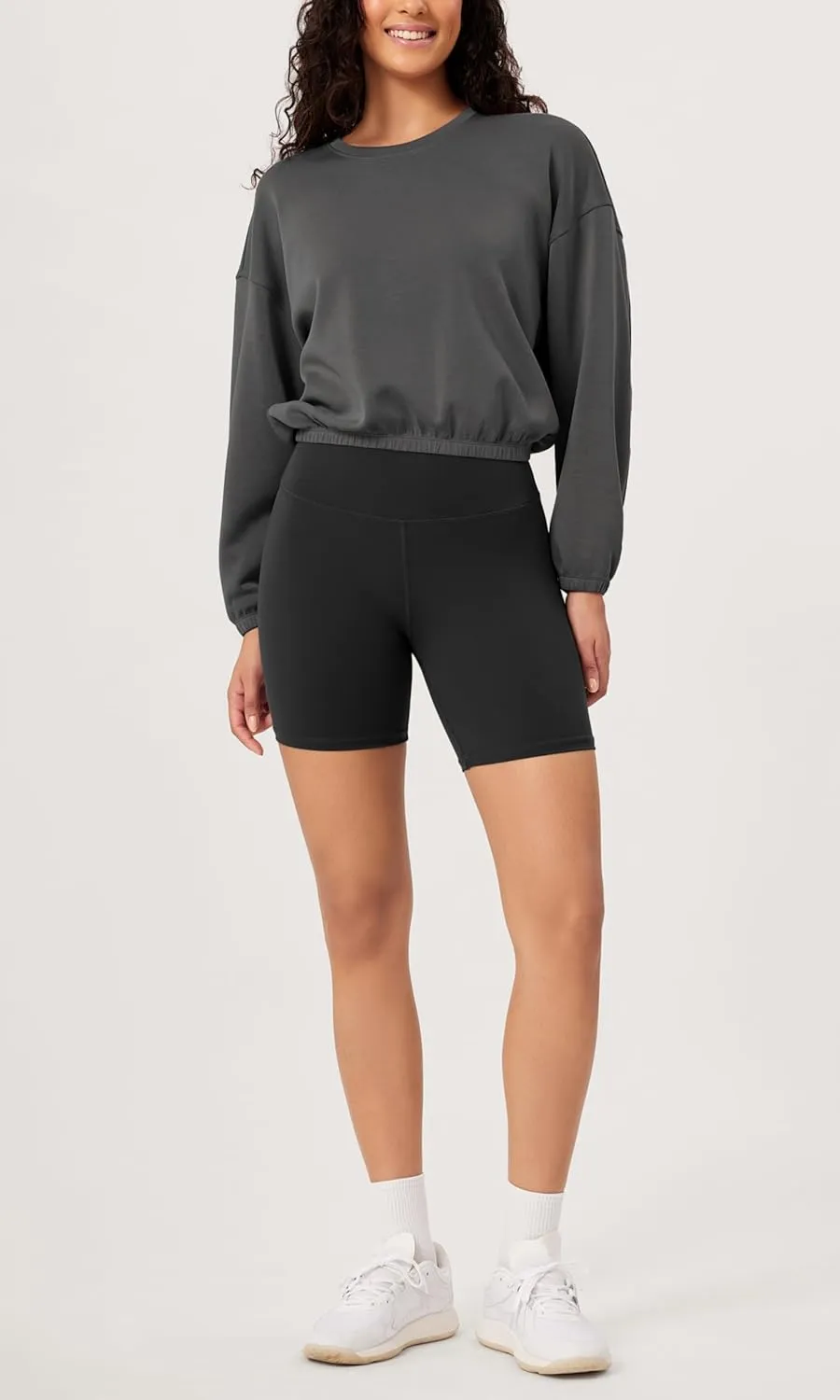 ODODOS Women's Modal Soft Gathered Cropped Sweatshirts Long Sleeve Elastic Hem Crew Neck Pullover Tops