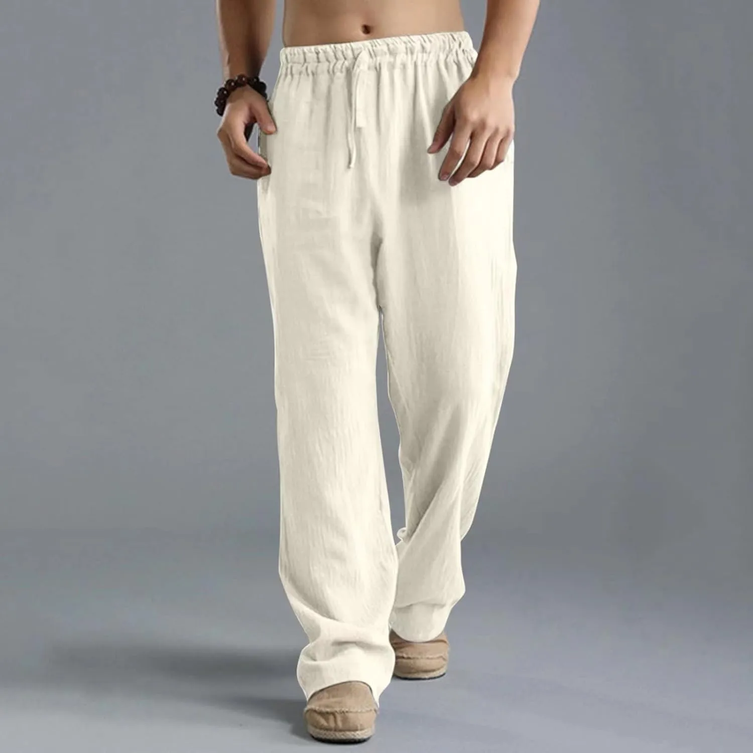 Oversize Linen Pants for Men Breathable Loose Beach Pants Casual Summer Pants Elastic Waist Drawstring Baggy Trousers