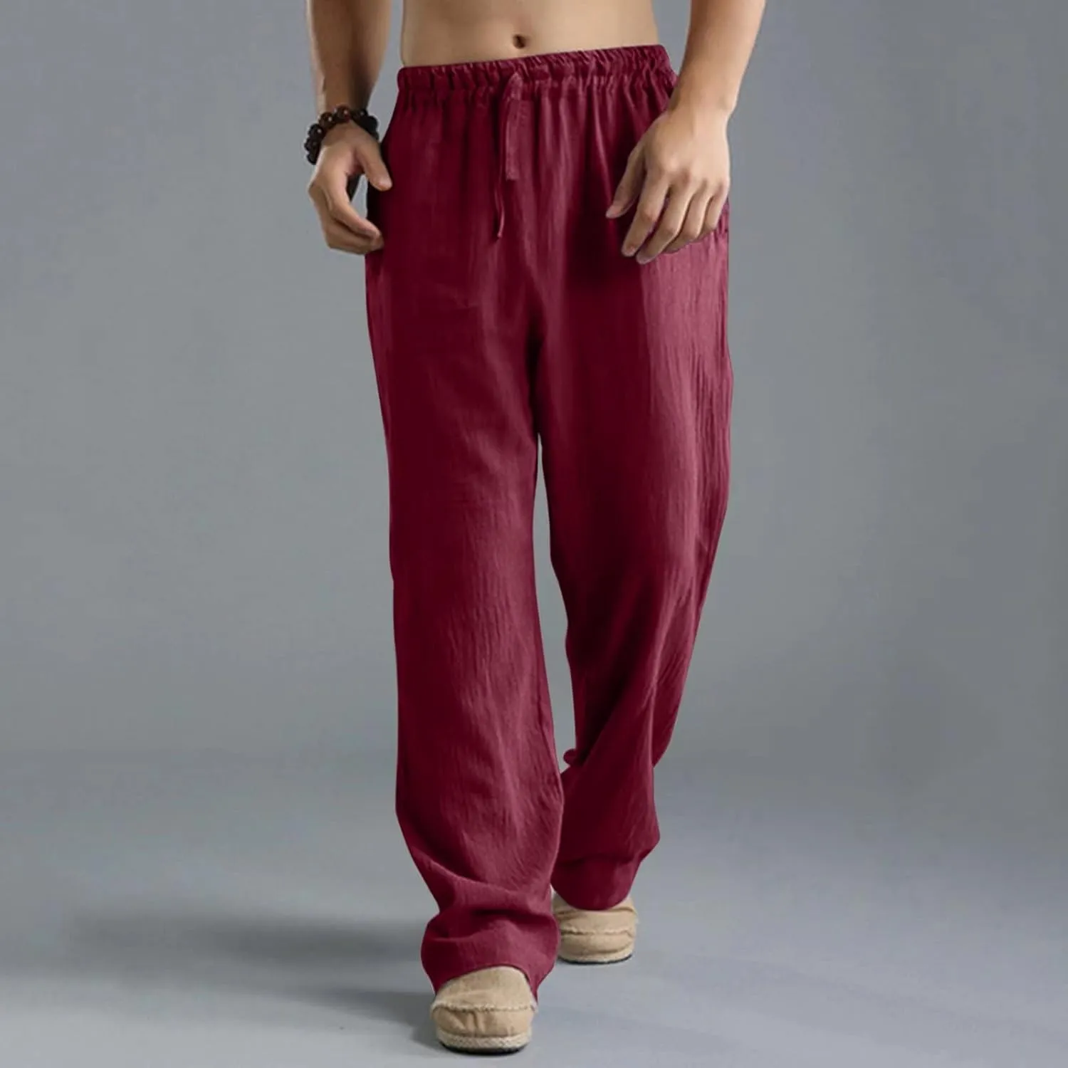 Oversize Linen Pants for Men Breathable Loose Beach Pants Casual Summer Pants Elastic Waist Drawstring Baggy Trousers