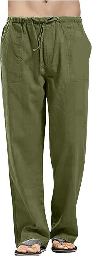Pantalones de Hombre Men's Cotton Linen Pants Drawstring Lightweight Loose Beach Yoga Pants with Pockets Plus Size Pants
