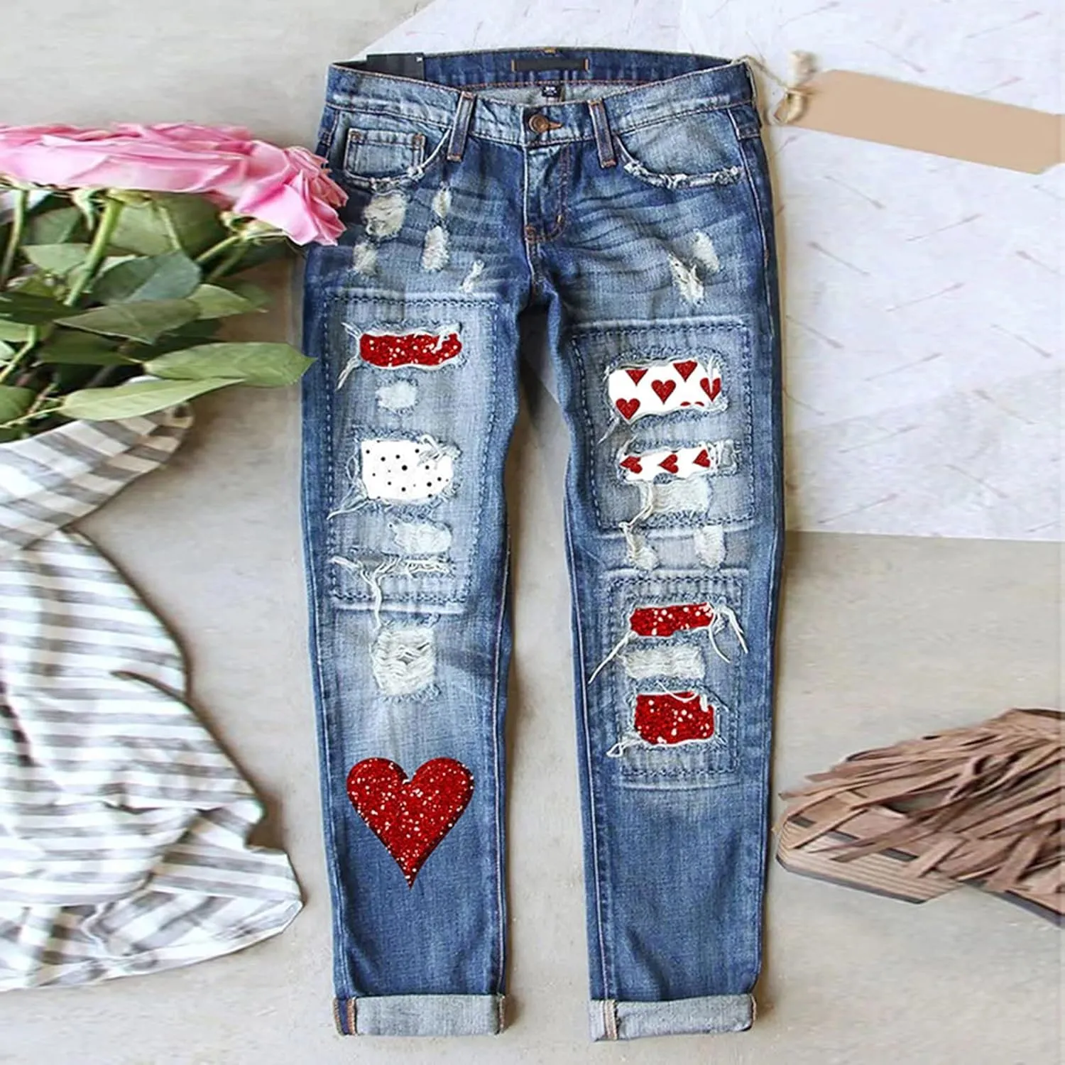 Plaid Patchwork Boyfriend Distressed Jeans for Women High Waisted Ripped Hole Stretch Skinny Denim Pant with Pockets