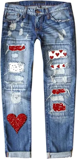 Plaid Patchwork Boyfriend Distressed Jeans for Women High Waisted Ripped Hole Stretch Skinny Denim Pant with Pockets