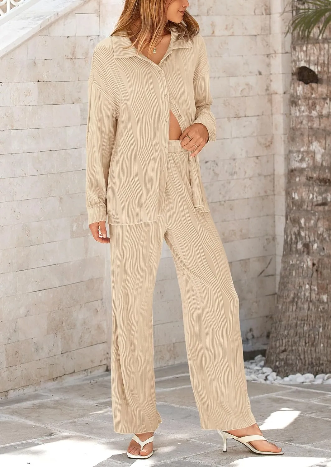 PRETTYGARDEN Women's 2 Piece Textured Sets Casual Button Down Shirt Wide Leg Pants Outfit Loungewear Tracksuit