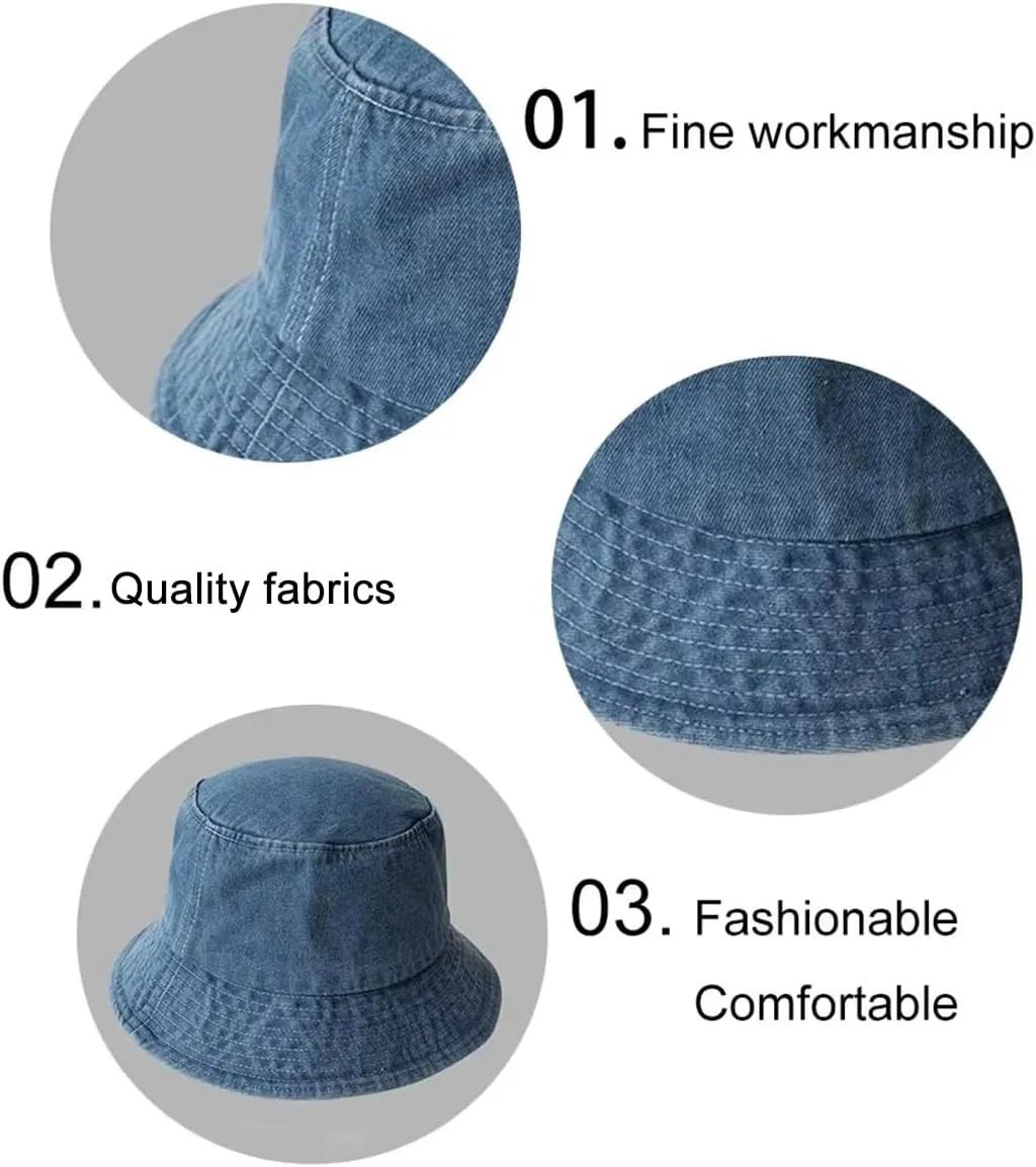 Queenbox Cotton Bucket Hat Unisex Denim Brim Fisherman Sun Cap for Summer Beach, Light Denim Blue