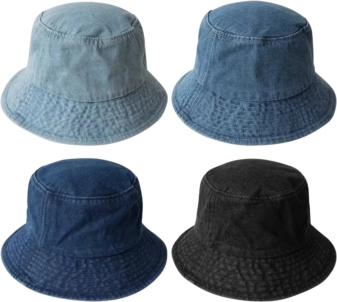 Queenbox Cotton Bucket Hat Unisex Denim Brim Fisherman Sun Cap for Summer Beach, Light Denim Blue