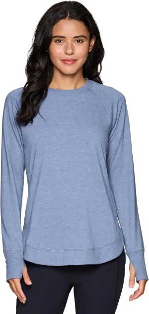 RBX Women's Workout Top, Active Fashion Long Sleeve Yoga Tunic Lightweight French Terry Sweatshirt Pullover with Thumbholes