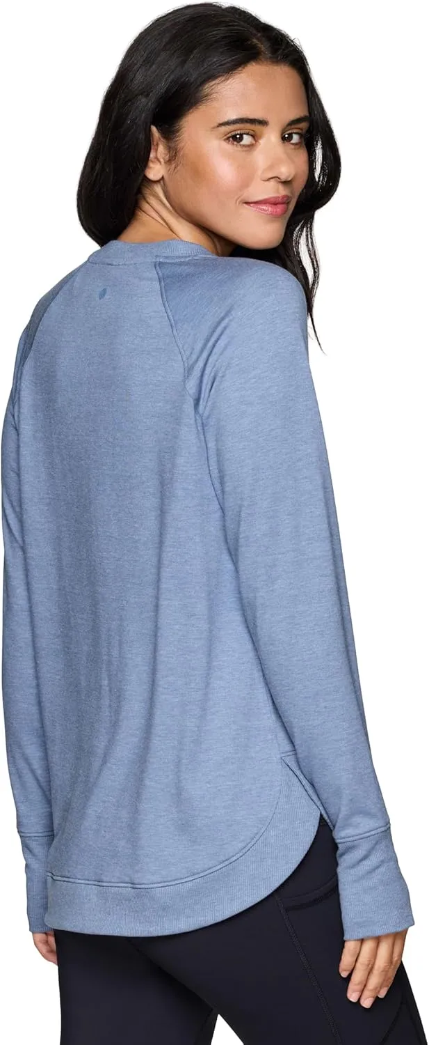 RBX Women's Workout Top, Active Fashion Long Sleeve Yoga Tunic Lightweight French Terry Sweatshirt Pullover with Thumbholes