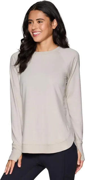 RBX Women's Workout Top, Active Fashion Long Sleeve Yoga Tunic Lightweight French Terry Sweatshirt Pullover with Thumbholes