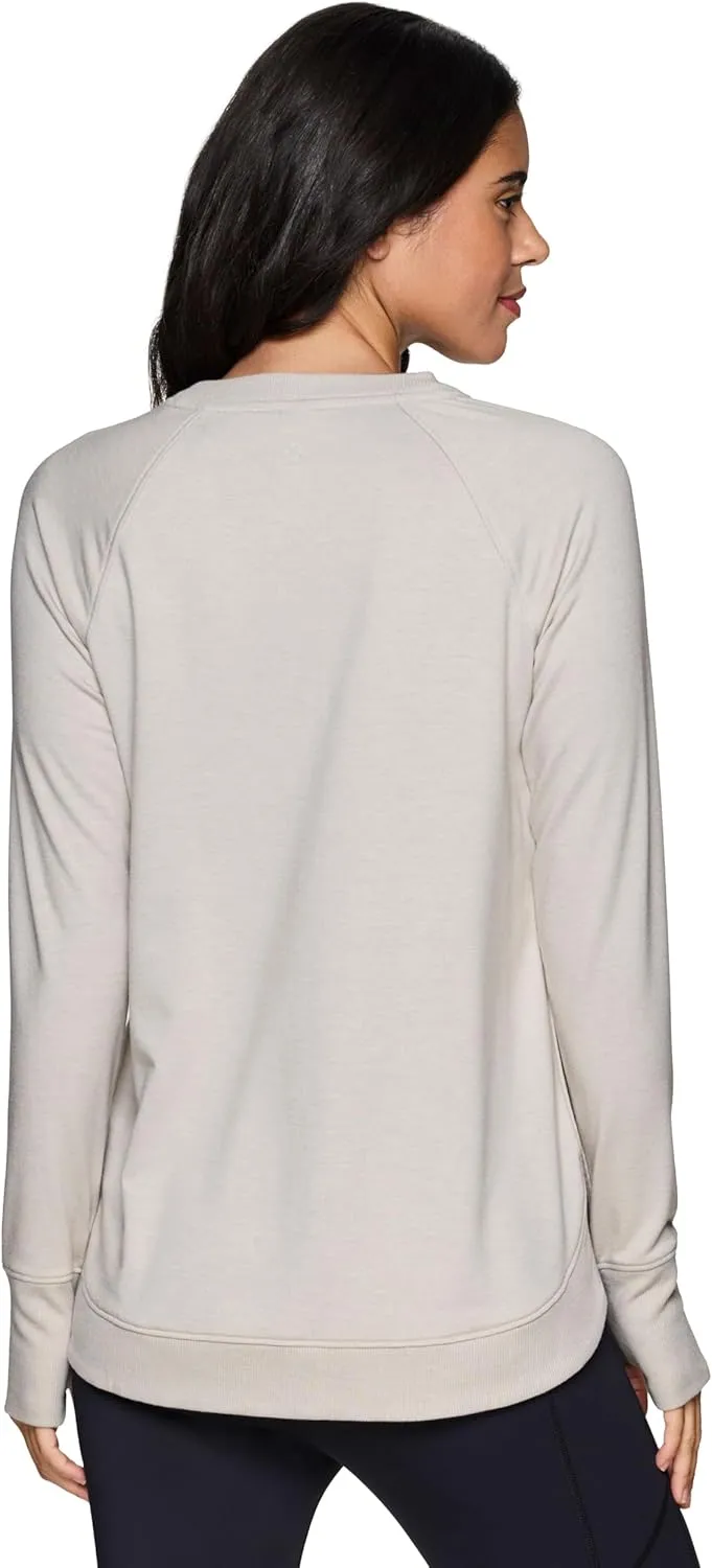 RBX Women's Workout Top, Active Fashion Long Sleeve Yoga Tunic Lightweight French Terry Sweatshirt Pullover with Thumbholes