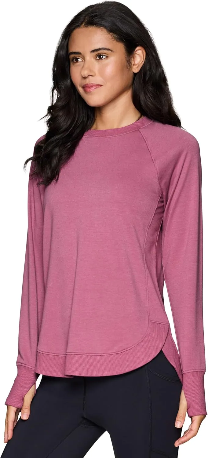 RBX Women's Workout Top, Active Fashion Long Sleeve Yoga Tunic Lightweight French Terry Sweatshirt Pullover with Thumbholes