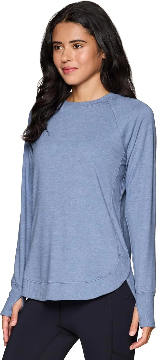 RBX Women's Workout Top, Active Fashion Long Sleeve Yoga Tunic Lightweight French Terry Sweatshirt Pullover with Thumbholes