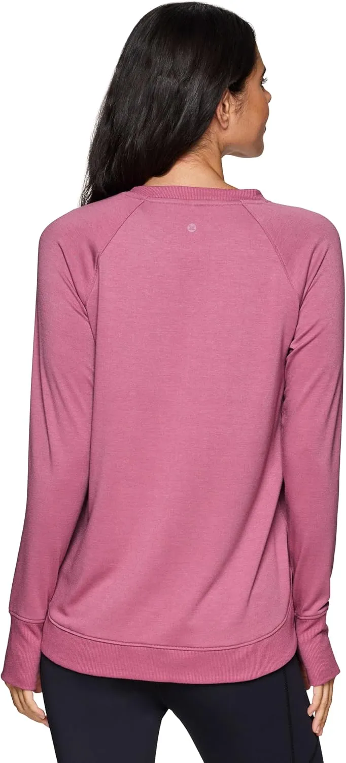 RBX Women's Workout Top, Active Fashion Long Sleeve Yoga Tunic Lightweight French Terry Sweatshirt Pullover with Thumbholes