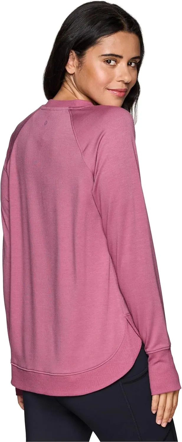 RBX Women's Workout Top, Active Fashion Long Sleeve Yoga Tunic Lightweight French Terry Sweatshirt Pullover with Thumbholes