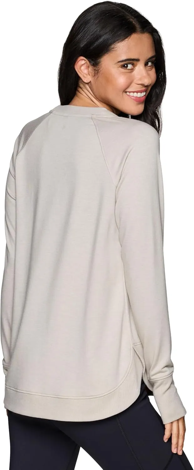 RBX Women's Workout Top, Active Fashion Long Sleeve Yoga Tunic Lightweight French Terry Sweatshirt Pullover with Thumbholes