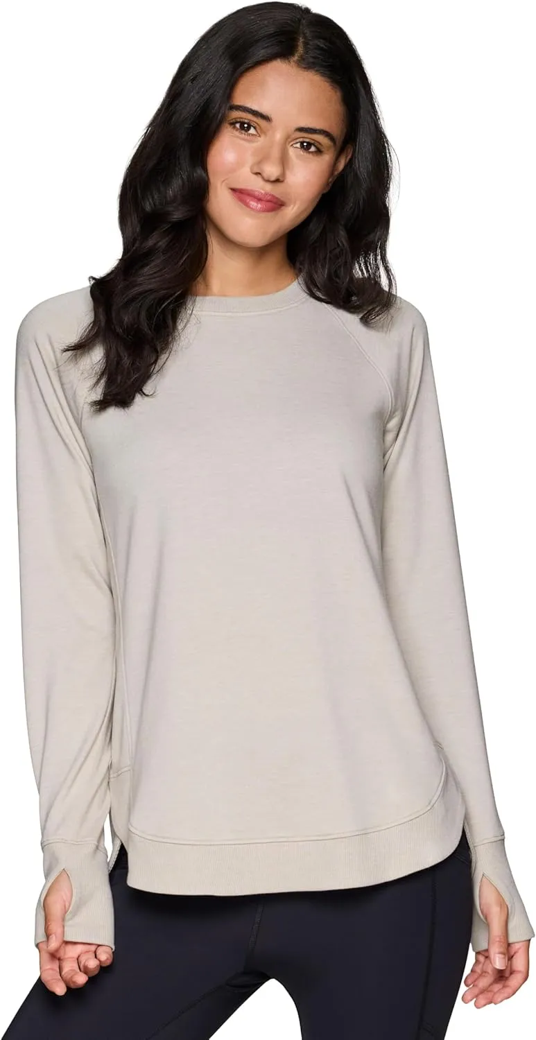 RBX Women's Workout Top, Active Fashion Long Sleeve Yoga Tunic Lightweight French Terry Sweatshirt Pullover with Thumbholes