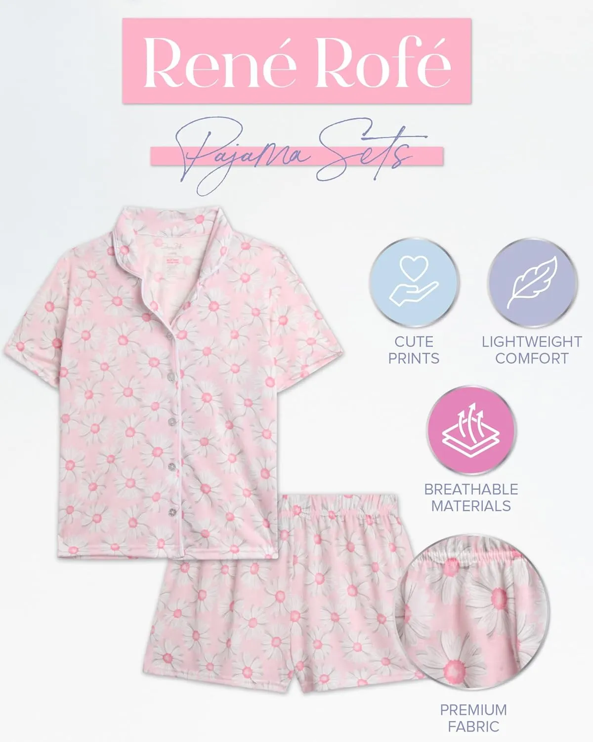 Rene Rofe Girls' Pajama Set - 2 Piece Button Down Sleep Shirt and Lounge Shorts - Sleepwear Set for Girls (4-12)