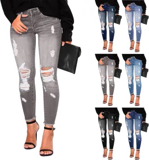 Ripped Jeans Womens Straight Leg Skinny Jeans Casual Trendy Elastic High Waisted Jeans with Pockets Denim Pants
