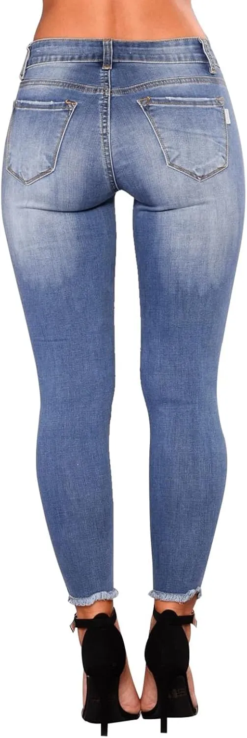 Ripped Jeans Womens Straight Leg Skinny Jeans Casual Trendy Elastic High Waisted Jeans with Pockets Denim Pants