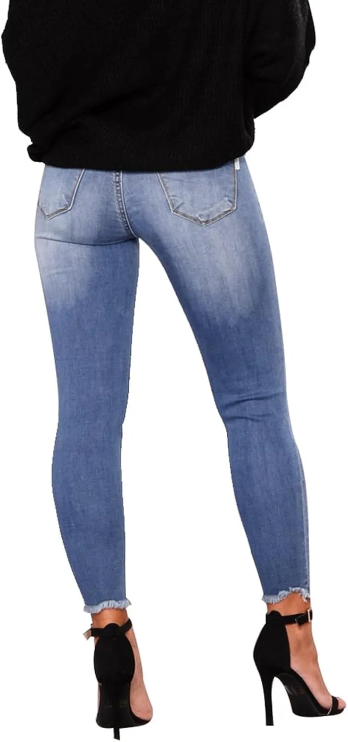 Ripped Jeans Womens Straight Leg Skinny Jeans Casual Trendy Elastic High Waisted Jeans with Pockets Denim Pants