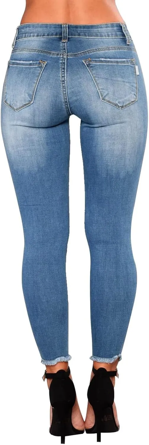Ripped Jeans Womens Straight Leg Skinny Jeans Casual Trendy Elastic High Waisted Jeans with Pockets Denim Pants