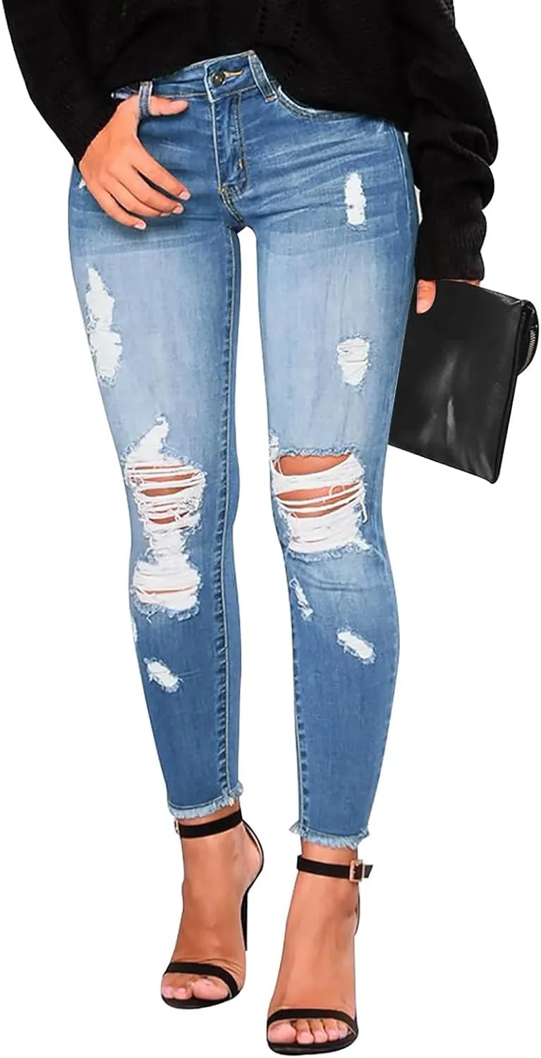 Ripped Jeans Womens Straight Leg Skinny Jeans Casual Trendy Elastic High Waisted Jeans with Pockets Denim Pants