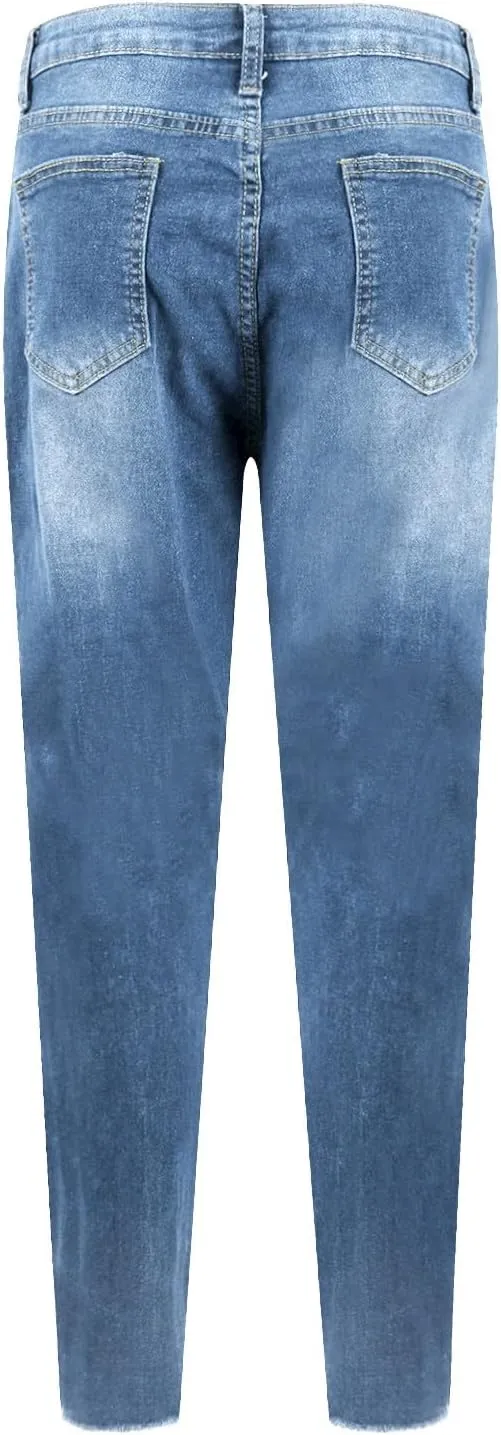 Ripped Jeans Womens Straight Leg Skinny Jeans Casual Trendy Elastic High Waisted Jeans with Pockets Denim Pants
