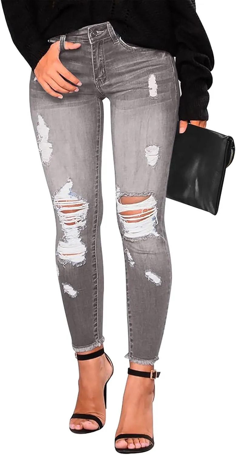 Ripped Jeans Womens Straight Leg Skinny Jeans Casual Trendy Elastic High Waisted Jeans with Pockets Denim Pants