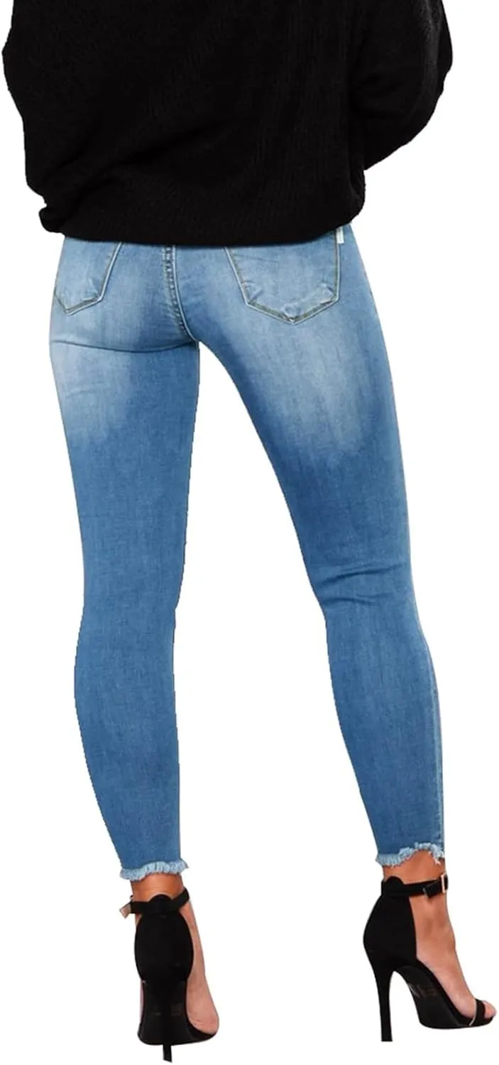 Ripped Jeans Womens Straight Leg Skinny Jeans Casual Trendy Elastic High Waisted Jeans with Pockets Denim Pants