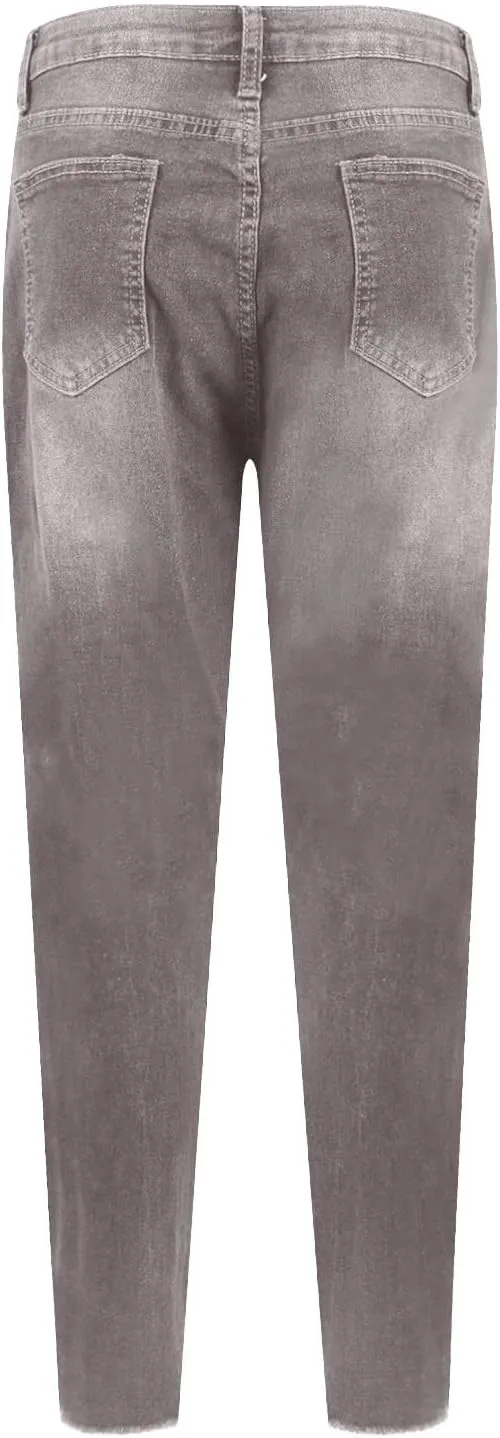 Ripped Jeans Womens Straight Leg Skinny Jeans Casual Trendy Elastic High Waisted Jeans with Pockets Denim Pants