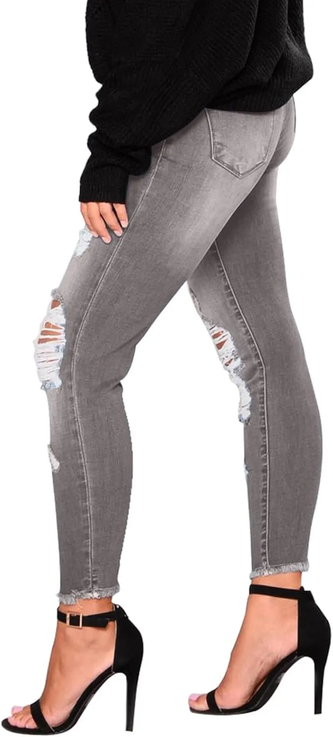 Ripped Jeans Womens Straight Leg Skinny Jeans Casual Trendy Elastic High Waisted Jeans with Pockets Denim Pants