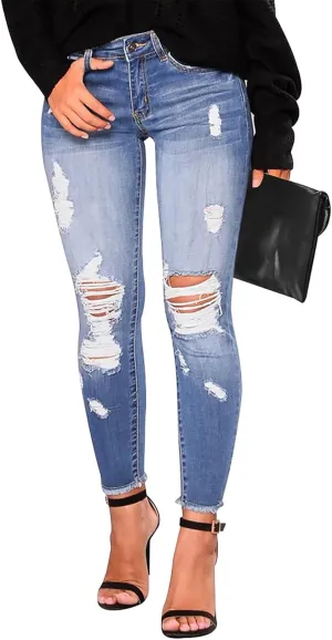 Ripped Jeans Womens Straight Leg Skinny Jeans Casual Trendy Elastic High Waisted Jeans with Pockets Denim Pants