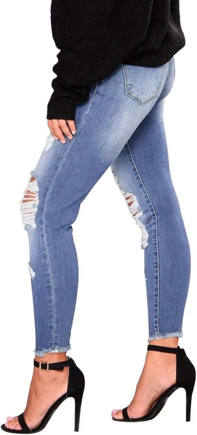 Ripped Jeans Womens Straight Leg Skinny Jeans Casual Trendy Elastic High Waisted Jeans with Pockets Denim Pants