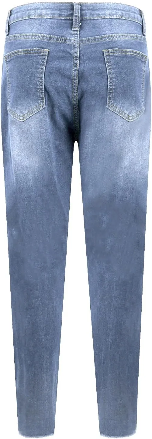 Ripped Jeans Womens Straight Leg Skinny Jeans Casual Trendy Elastic High Waisted Jeans with Pockets Denim Pants