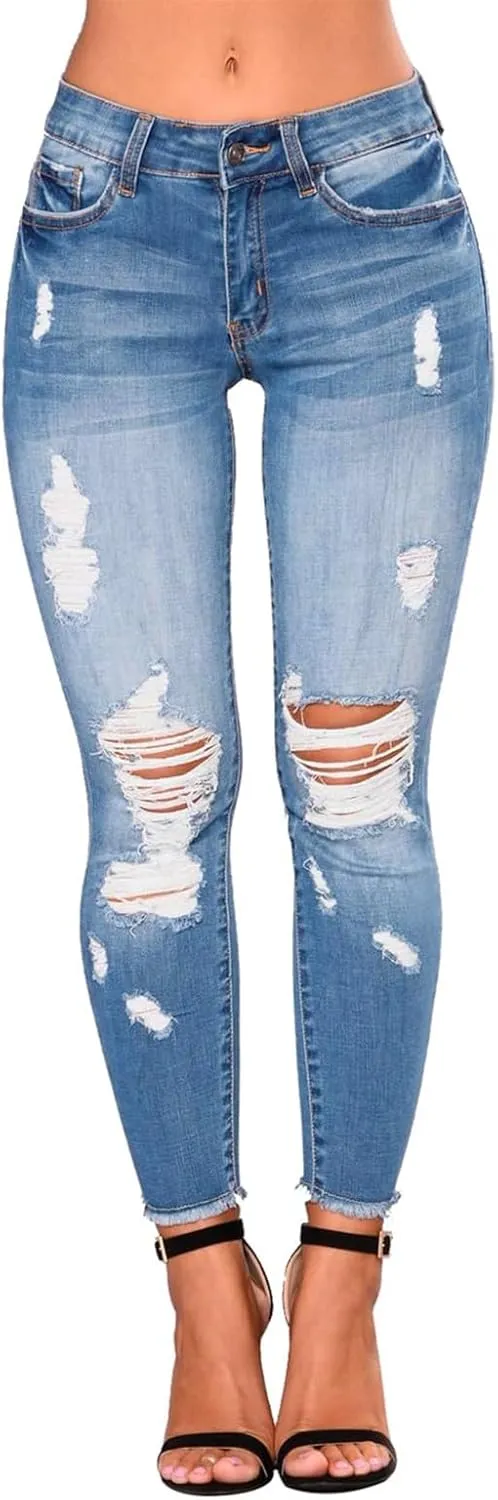 Ripped Jeans Womens Straight Leg Skinny Jeans Casual Trendy Elastic High Waisted Jeans with Pockets Denim Pants