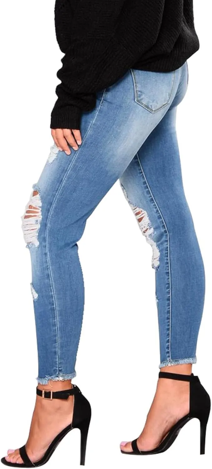 Ripped Jeans Womens Straight Leg Skinny Jeans Casual Trendy Elastic High Waisted Jeans with Pockets Denim Pants
