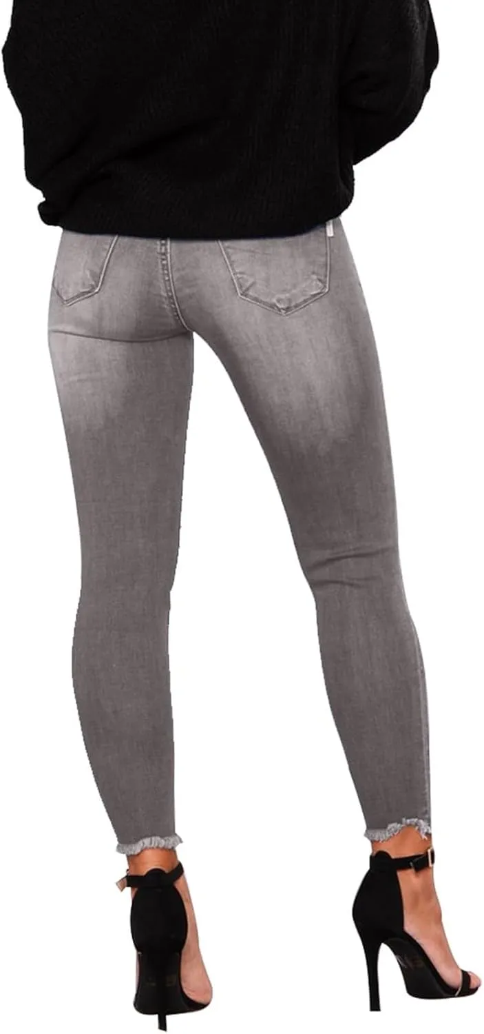 Ripped Jeans Womens Straight Leg Skinny Jeans Casual Trendy Elastic High Waisted Jeans with Pockets Denim Pants