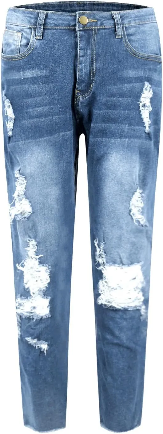Ripped Jeans Womens Straight Leg Skinny Jeans Casual Trendy Elastic High Waisted Jeans with Pockets Denim Pants
