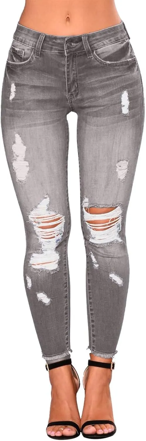 Ripped Jeans Womens Straight Leg Skinny Jeans Casual Trendy Elastic High Waisted Jeans with Pockets Denim Pants