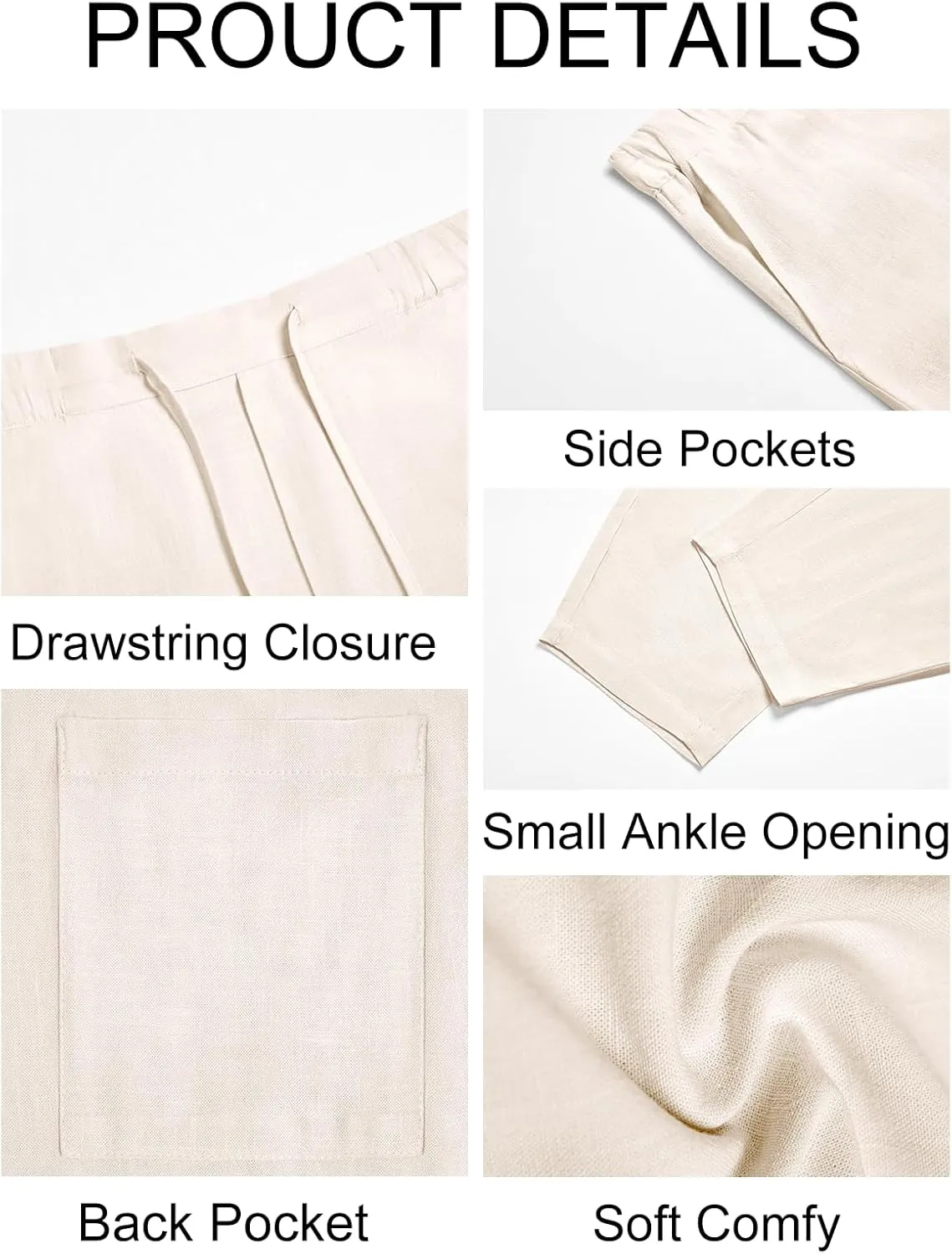 Runcati Mens Casual Pants Elastic Waist Linen Drawstring Lightweight Loose Fit Summer Beach Yoga Trousers