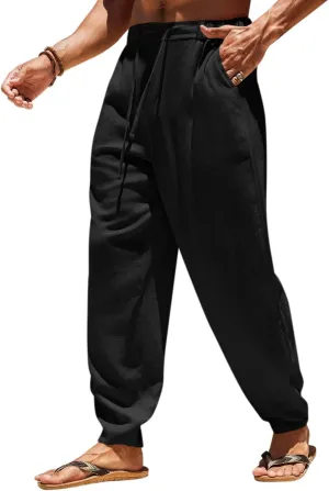 Runcati Mens Casual Pants Elastic Waist Linen Drawstring Lightweight Loose Fit Summer Beach Yoga Trousers
